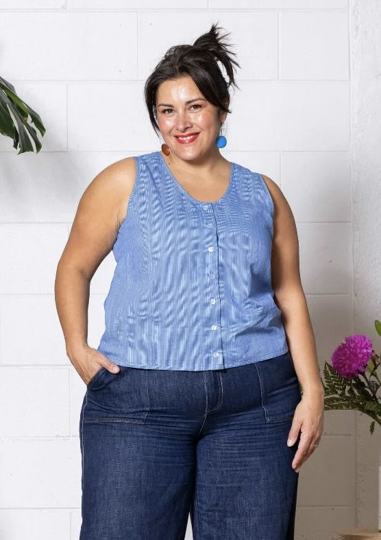 "Frankie" Singlet Top - Thin Pin Blue