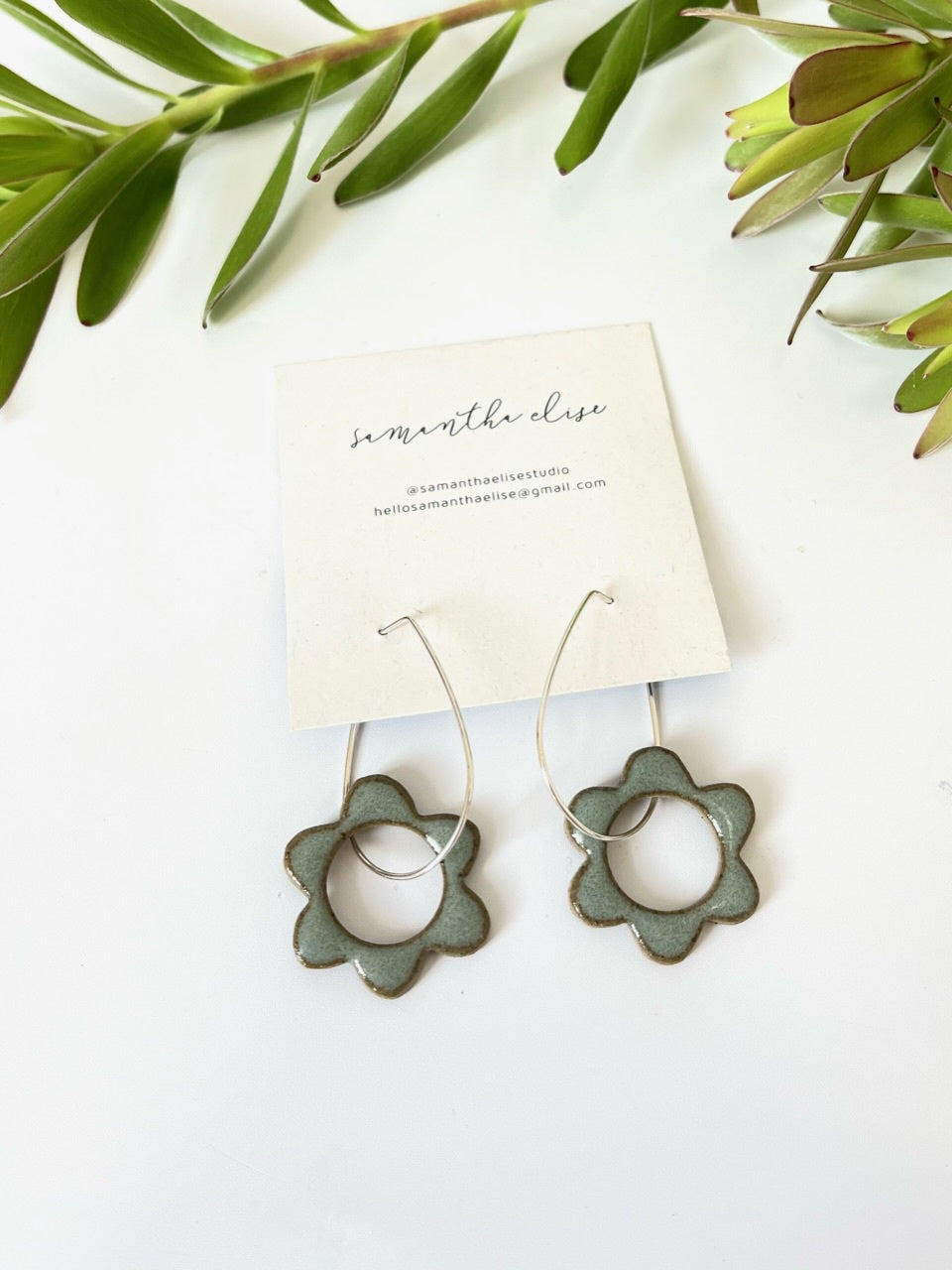 Flower Drops - Sage - Ceramic & Sterling Silver Earrings