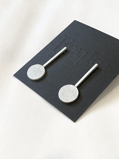 Silver textured disc on Bar earrings (#144)