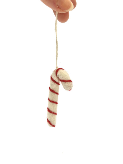 Felted Christmas Candy Cane Ornament - White / Red