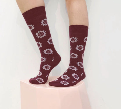 Merino Floral Socks - Maroon, Pastel Pink