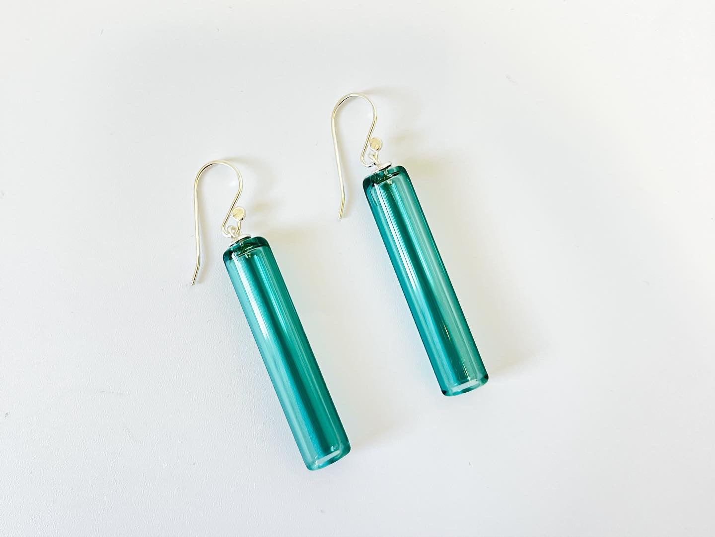 Glass Cylinder & Sterling Silver Earrings - Sea Green