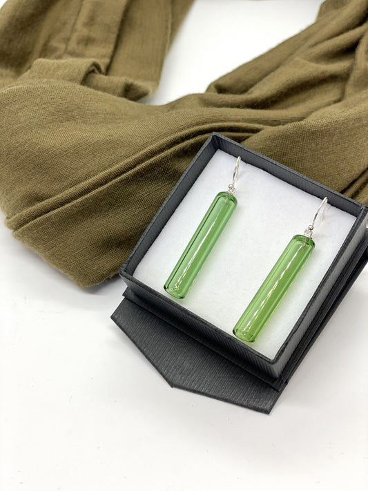 Glass Cylinder & Sterling Silver Earrings - Green