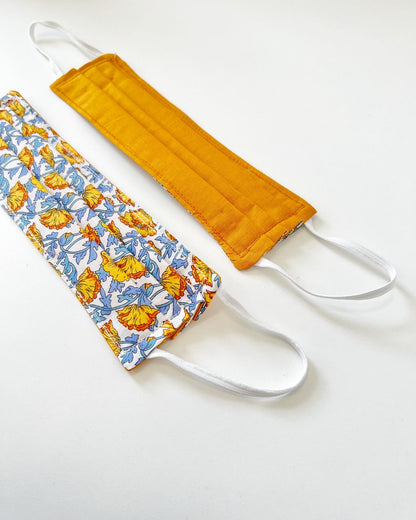 Fabric Face Mask - Pleated Style - Mustard, Blue. white floral