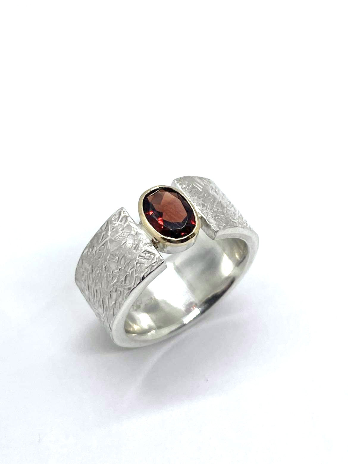 Garnet, 18ct, textured silver wide band ring