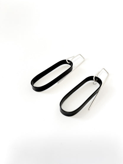 Oxidised Silver Black Oval Earrings