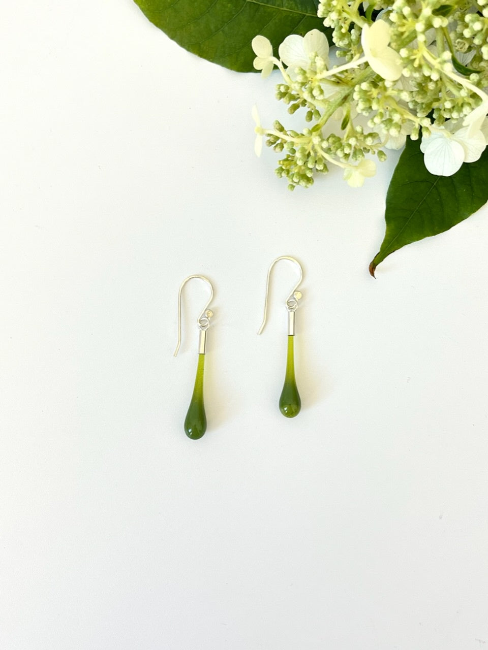 Glass Teardrop Earrings - Light Olive