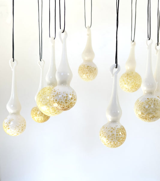 Blown Glass Christmas Ornaments - Pearly White / Gold