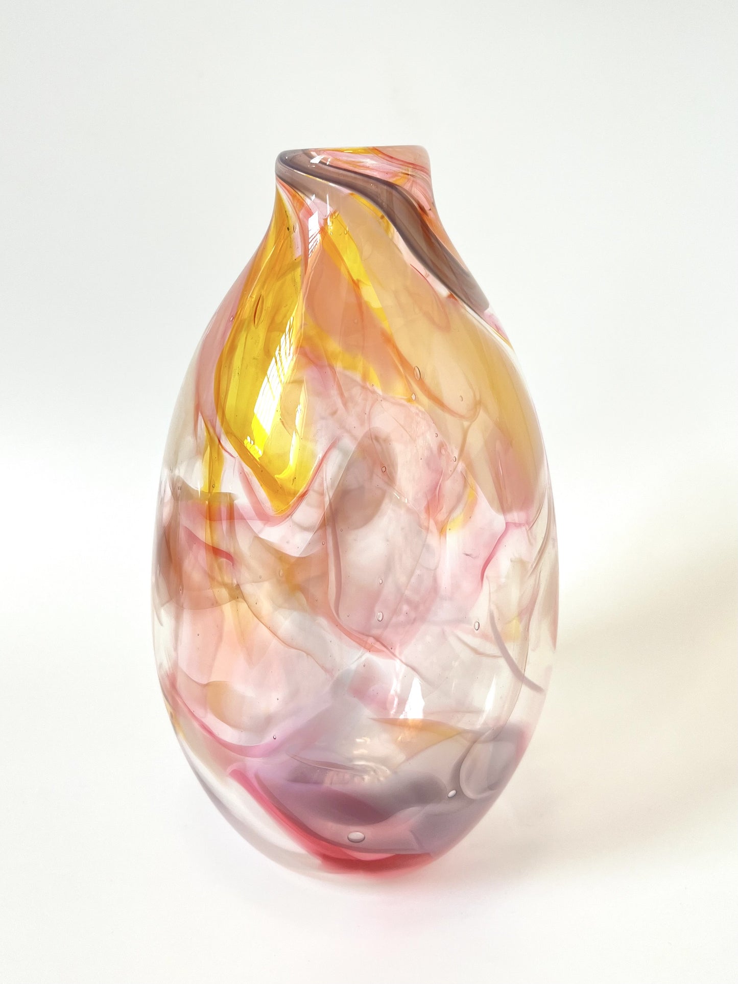 Handblown Glass Vase - Pink, Yellow Marble #1