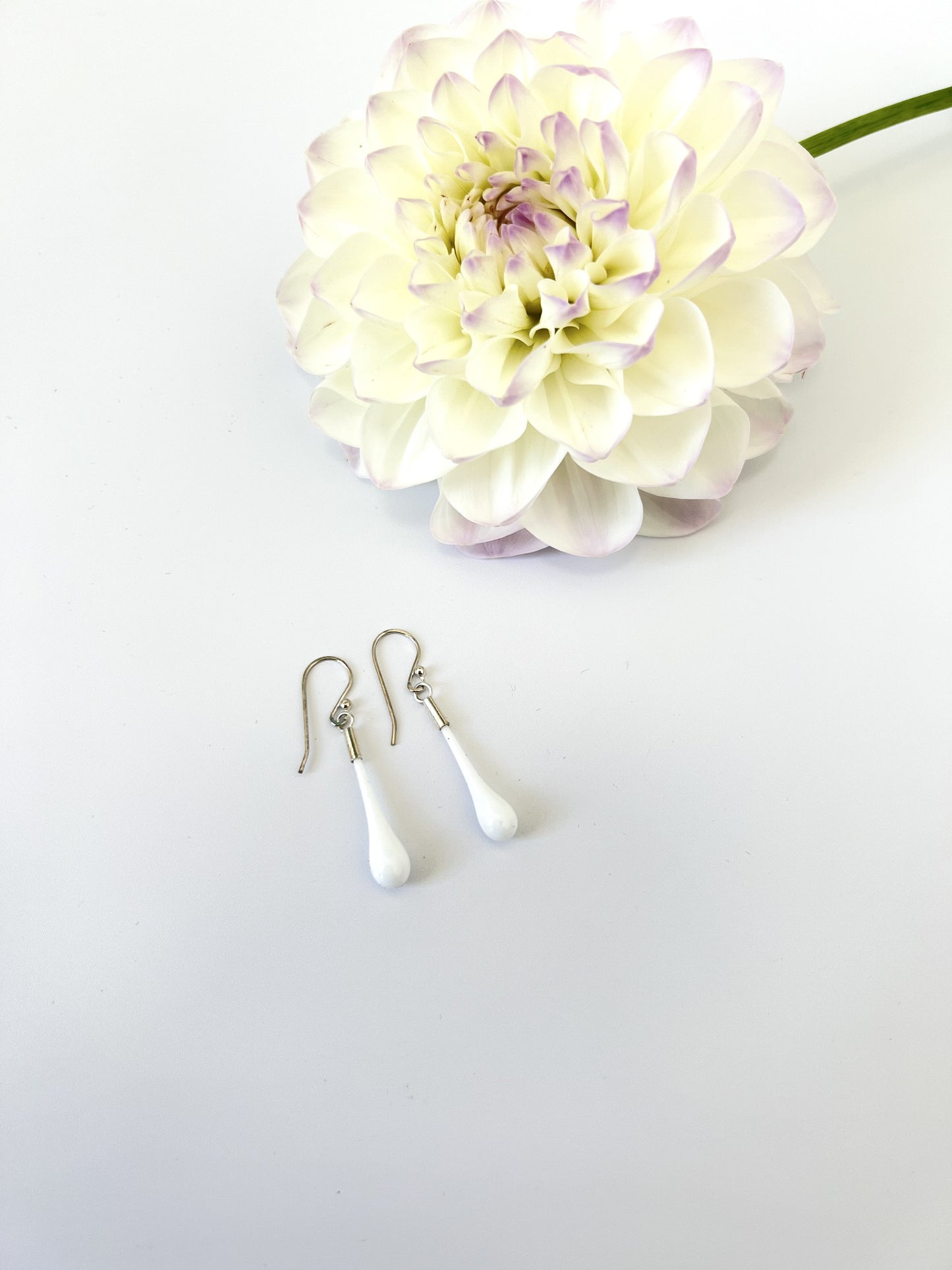 Glass Teardrop Earrings - White, Opaque