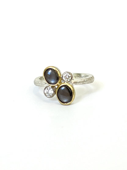 Star Sapphires and Diamonds in Yellow / White Gold Textured Ring (CI-123)