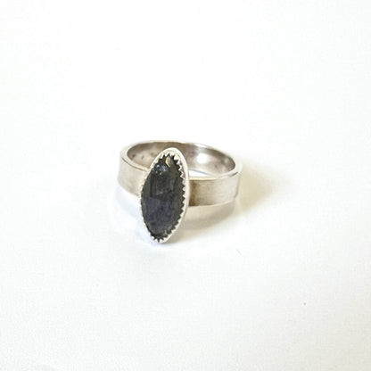 Labradorite Ring - Wide Sterling Silver Band - Size 8