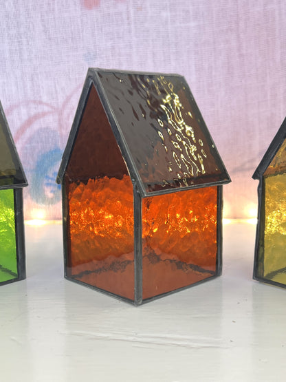 Stained Glass tea light House  - Amber/Orange