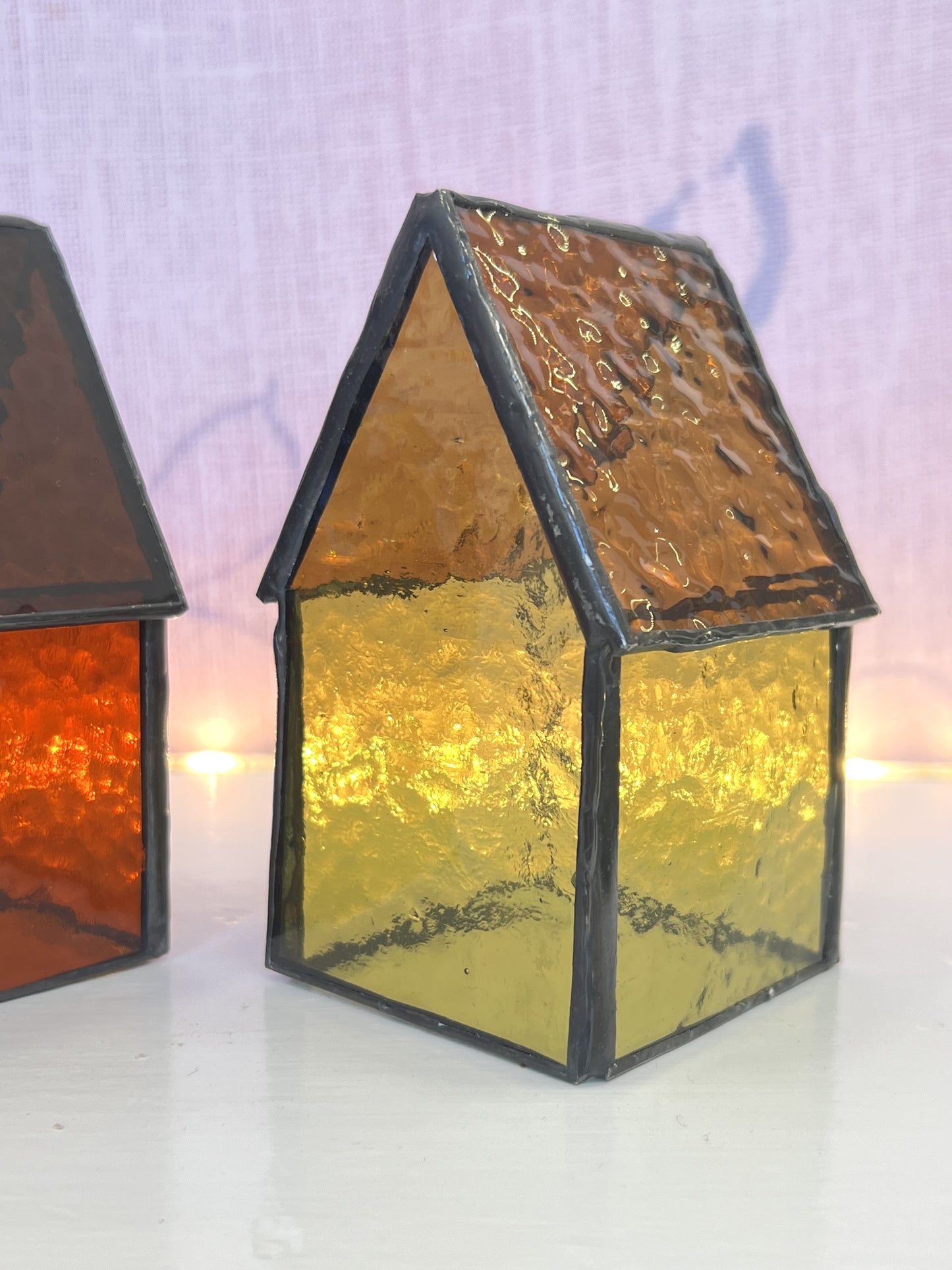 Stained Glass tea light House - Yellow