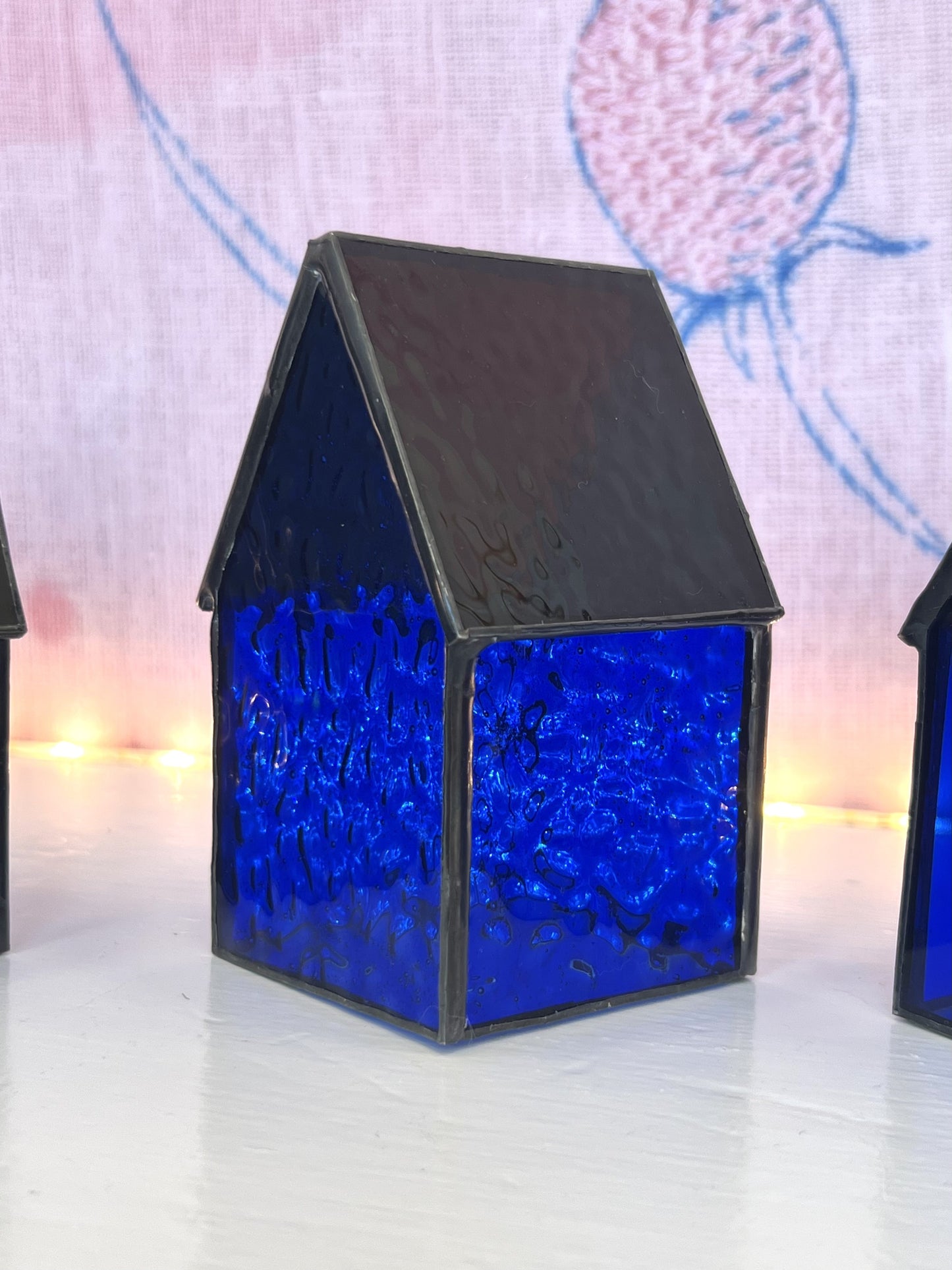 Stained Glass tea light House  - Dark Blue