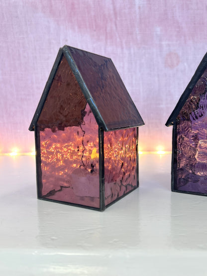 Stained Glass tea light House - Ruby/Purple