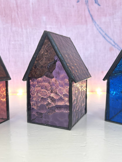 Stained Glass tea light House - Purple