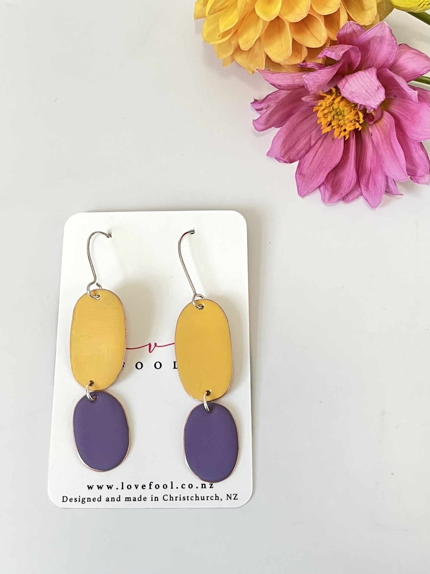 Double Drop Earrings - Mustard / Violet