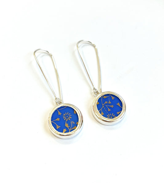 Repurposed BACKSTAMP MARKINGS blue with gold leaf Ceramic & Silver Earrings (#2432)