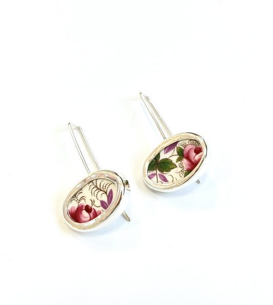 Repurposed Royal Albert Lavender Rose Bone China & Silver Earrings (#2437)