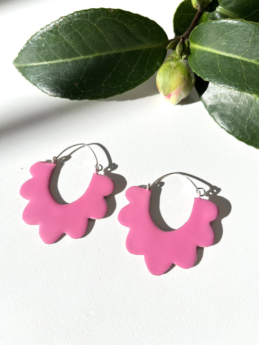 Ruffle Hoop Earrings - Neon Pink