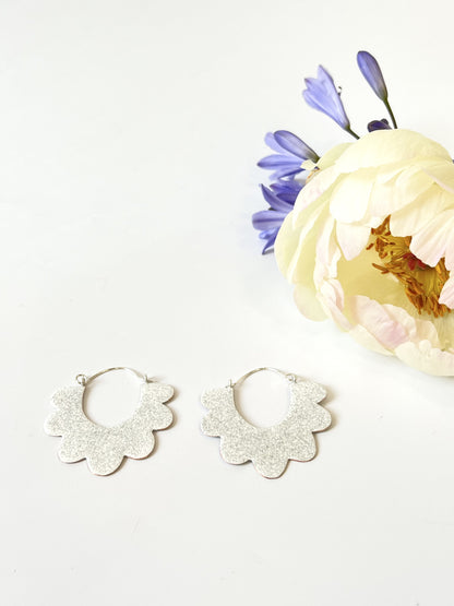 Ruffle Hoop Earrings - White, Silver Glitter