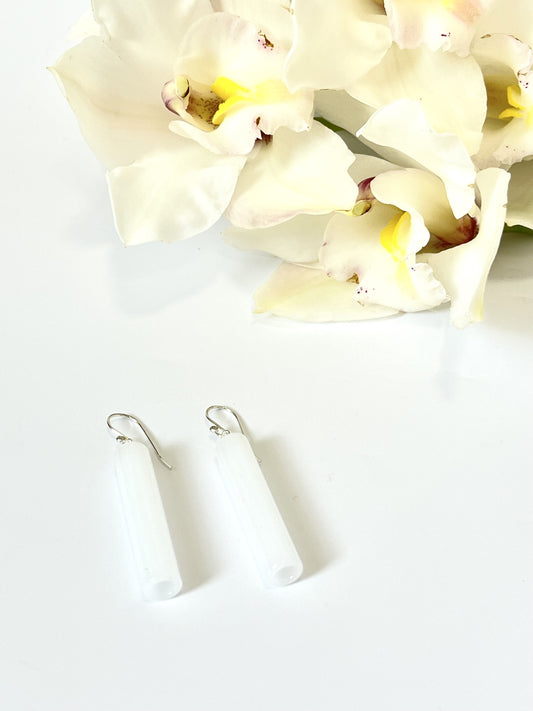 Glass Cylinder & Sterling Silver Earrings - Pearly White