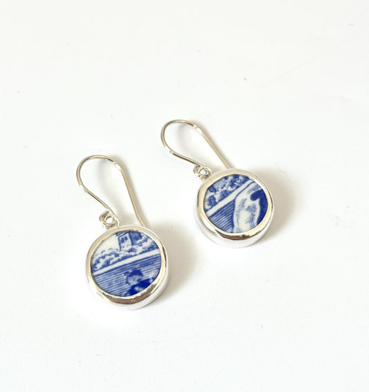 Repurposed Blue Italian Spode, Ceramic & Silver Earrings  (#2415)