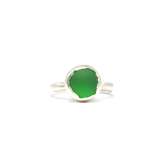 Button Ring - Sterling Silver & Emerald Green Resin (Size O 1/2) (R304)