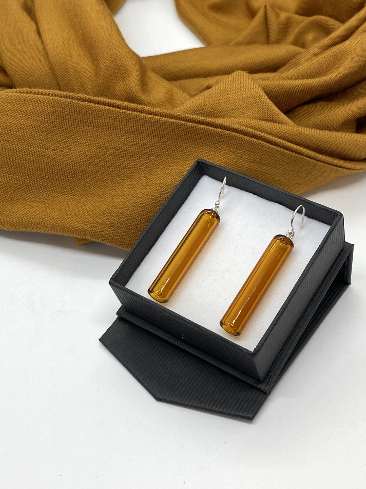 Glass Cylinder & Sterling Silver Earrings - Amber