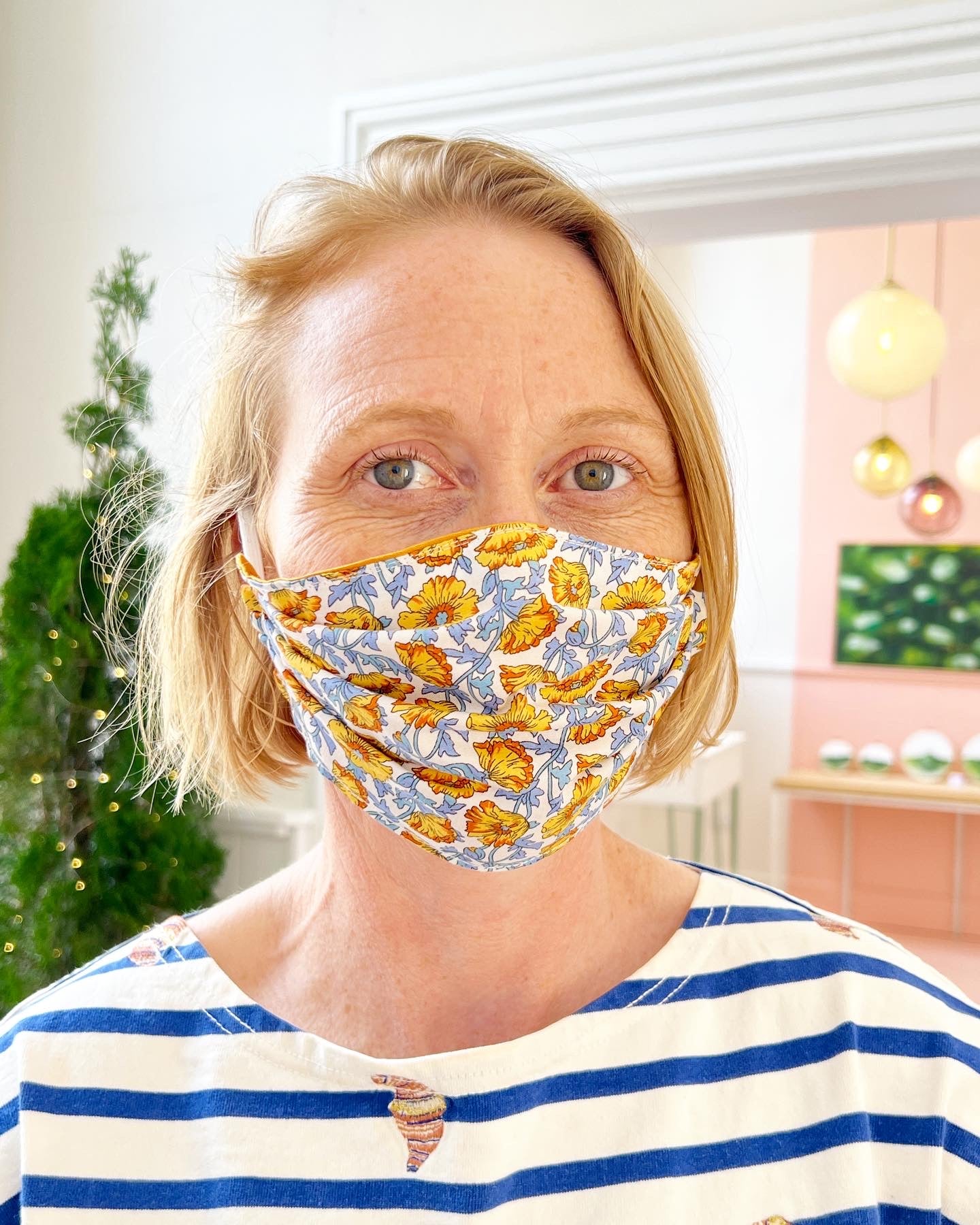 Fabric Face Mask - Pleated Style - Mustard, Blue. white floral