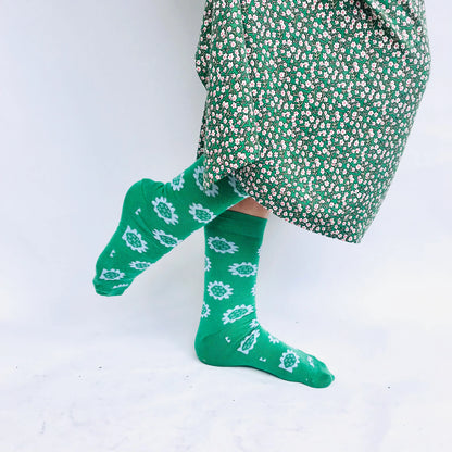 Merino Floral Socks - Grass Green