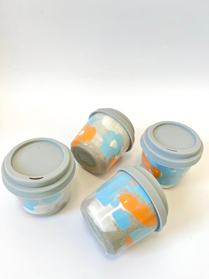 Handmade Ceramic Keep Cup - Neon Orange / Blue Abstract