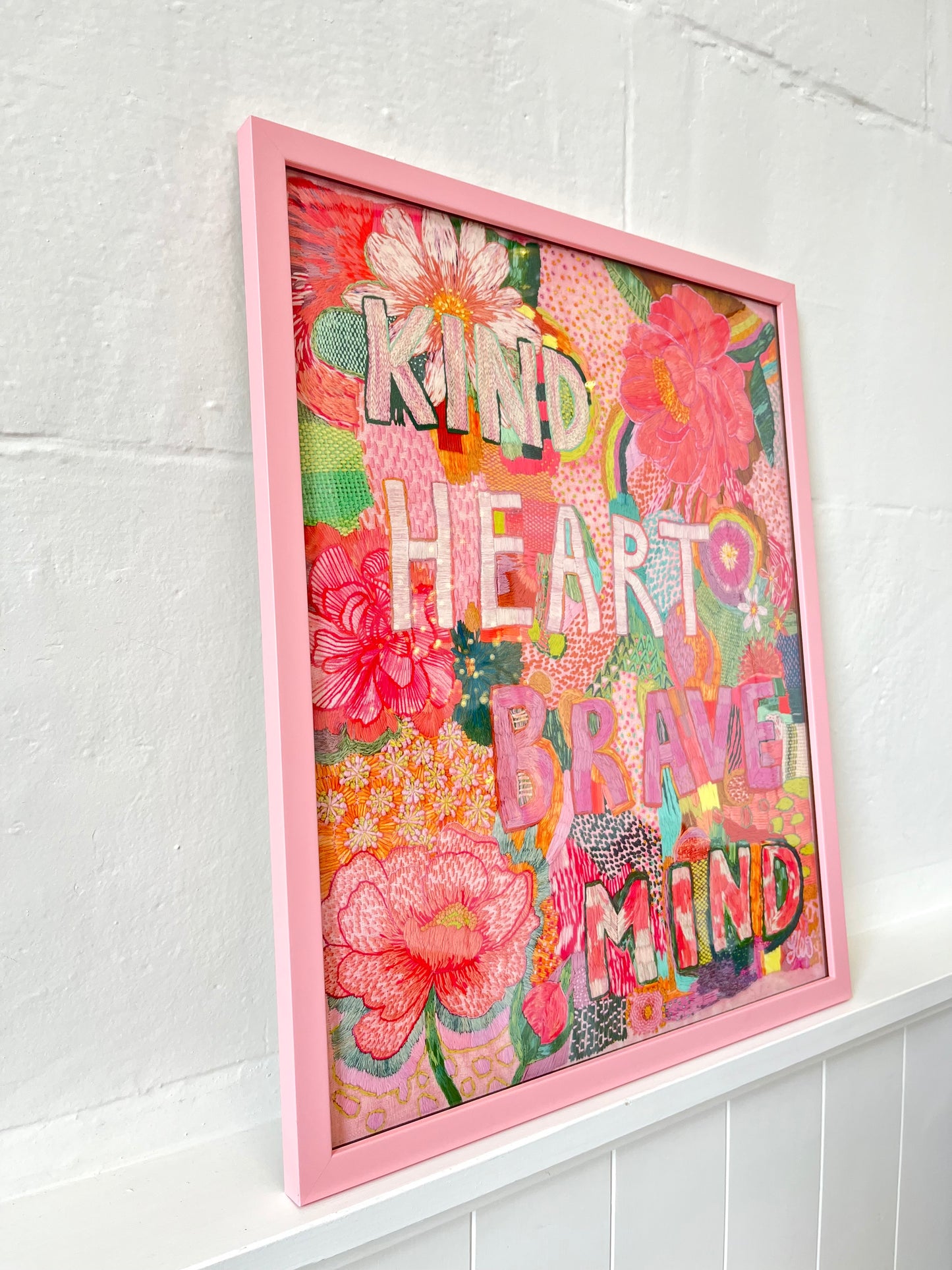 "Kind Heart Brave Mind" Print - 50 x 40cm, Pink Frame