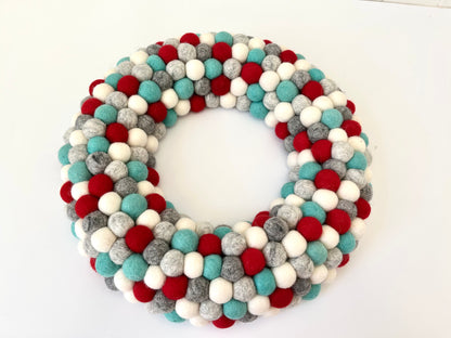Large Pom-Pom Wreath - Red, White, Grey, Teal