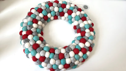 Large Pom-Pom Wreath - Red, White, Grey, Teal