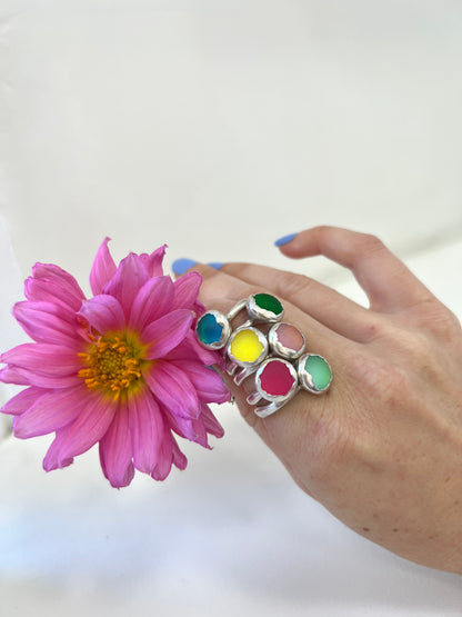 Button Ring - Sterling Silver & Hot Pink Resin (Size P) (R306)