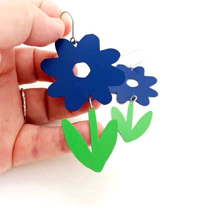 Cobalt + Grass Green Flower Dangle Earrings