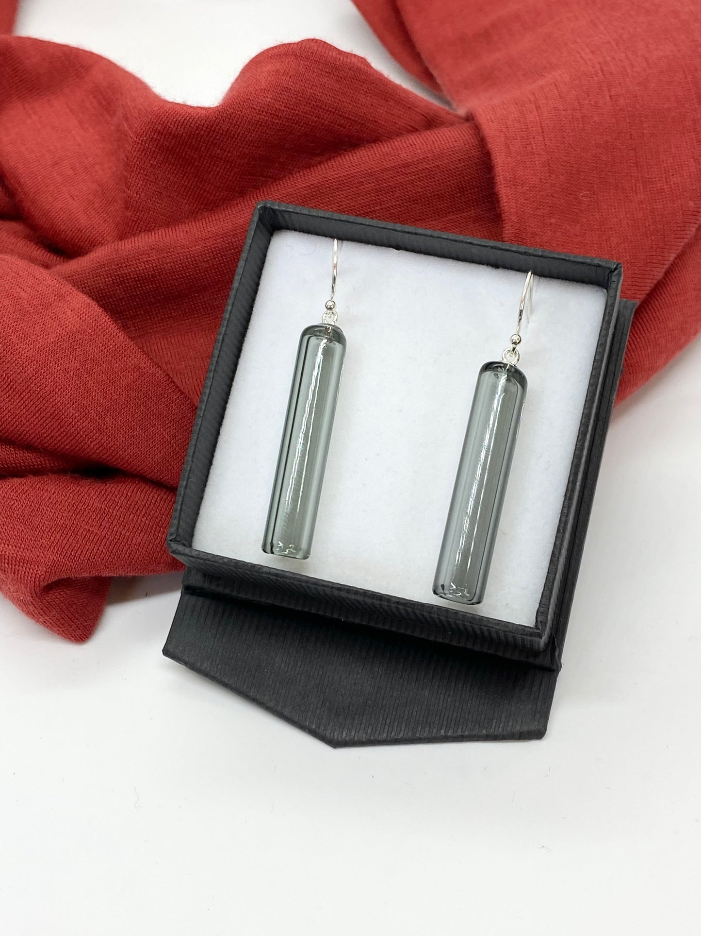 Glass Cylinder & Sterling Silver Earrings - Smoky