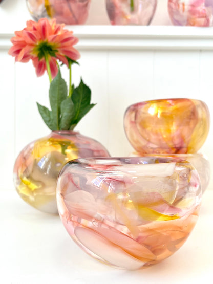 Handblown Glass Vase - Pink, Yellow Marble #3