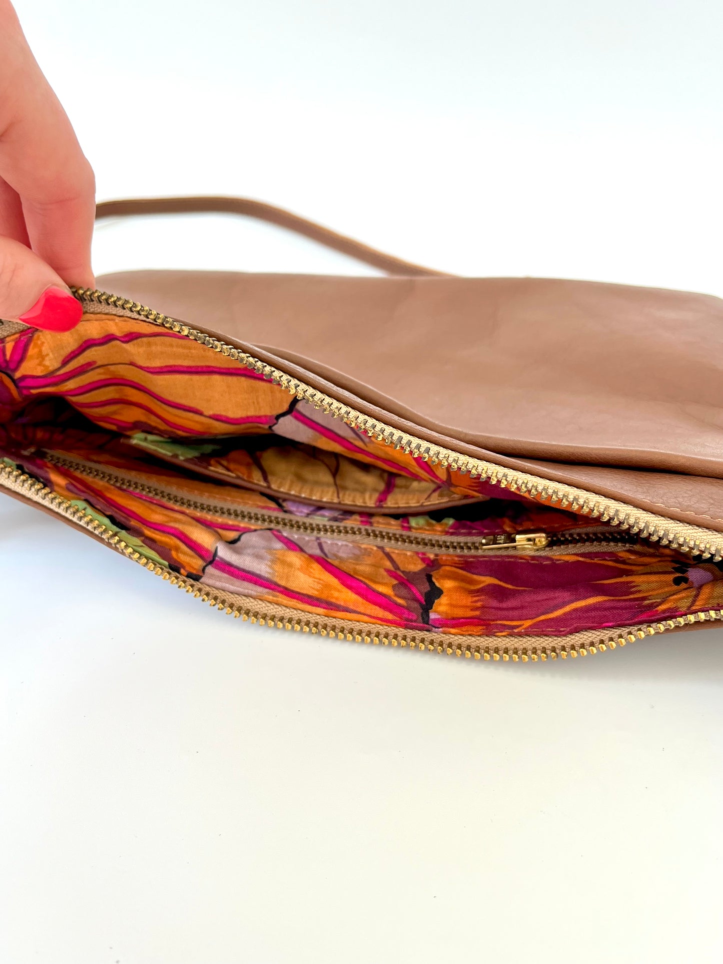 Obtuse Bag with Back Pocket - Chestnut Leather, Water Lily Lining