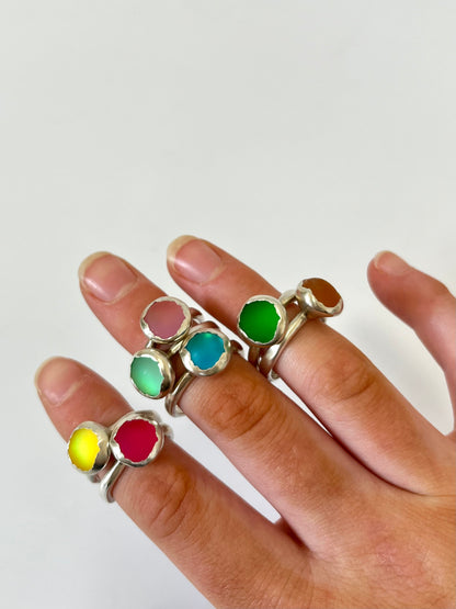 Button Ring - Sterling Silver & Yellow Resin (Size N 1/2) (R310)