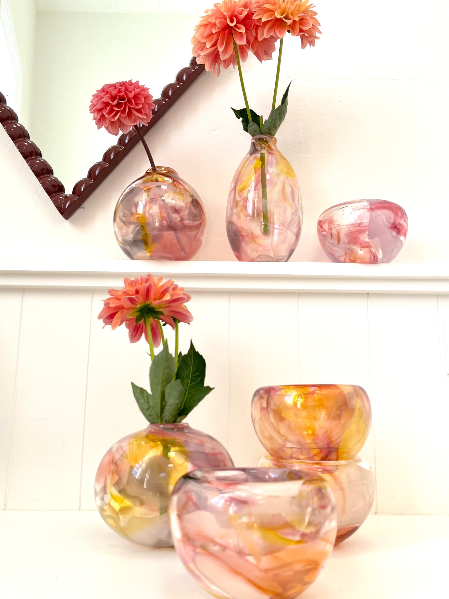Handblown Glass Vase - Pink, Yellow Marble #3