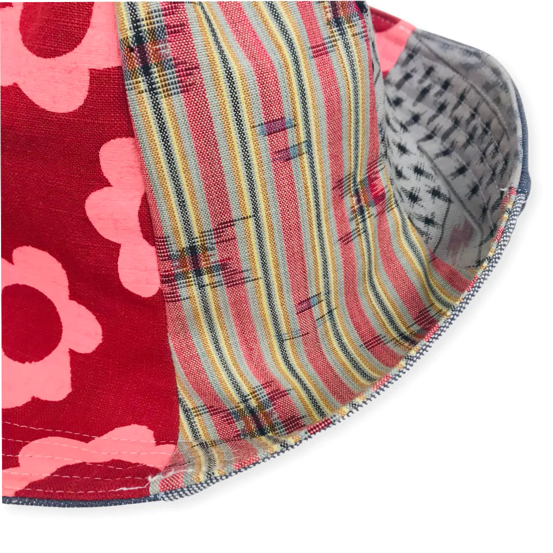 Reversible Sunhat - Coral Flowers, Red & Grey Patterned