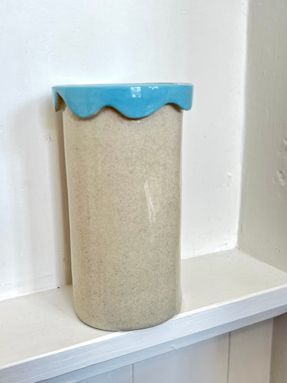 Scalloped Top Ceramic Vase -  light blue
