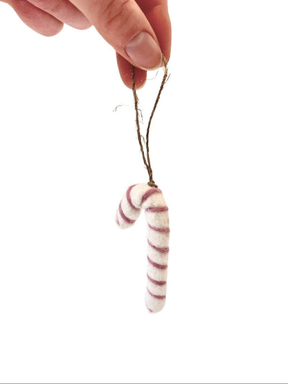 Felted Christmas Candy Cane Ornament - White / Pink