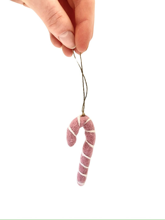 Felted Christmas Candy Cane Ornament - Pink/white